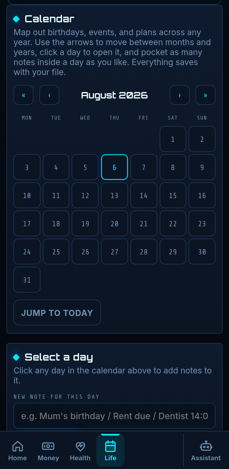 The MRLN Calendar tab: a month view with marked days for bills, plans and events.
