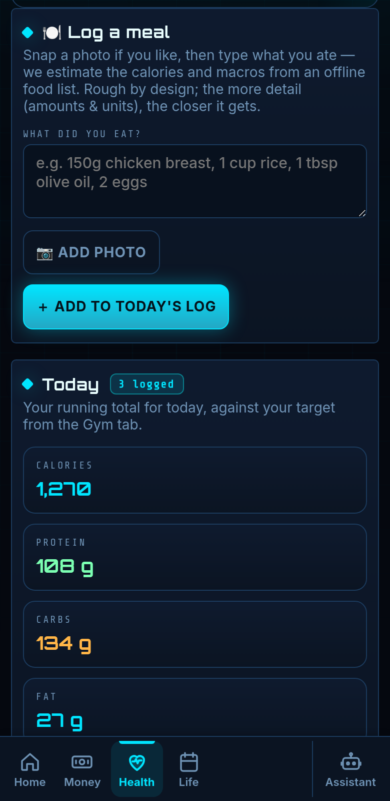 The MRLN Food Log tab: today's logged meals with calories, protein, carbs and fat totals.