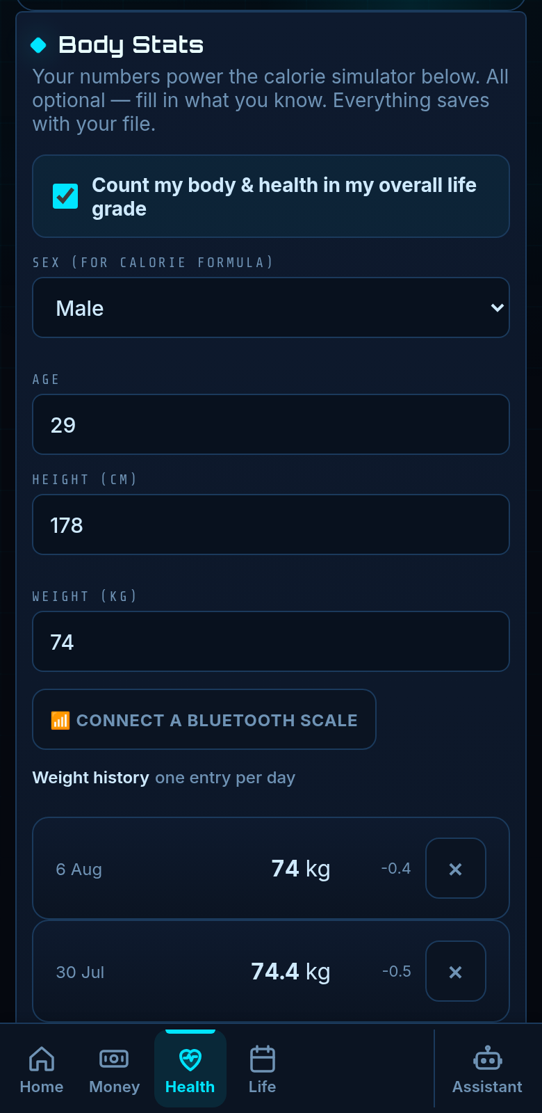 The MRLN Gym Plan tab: a weekly training split with days, exercises and sets.