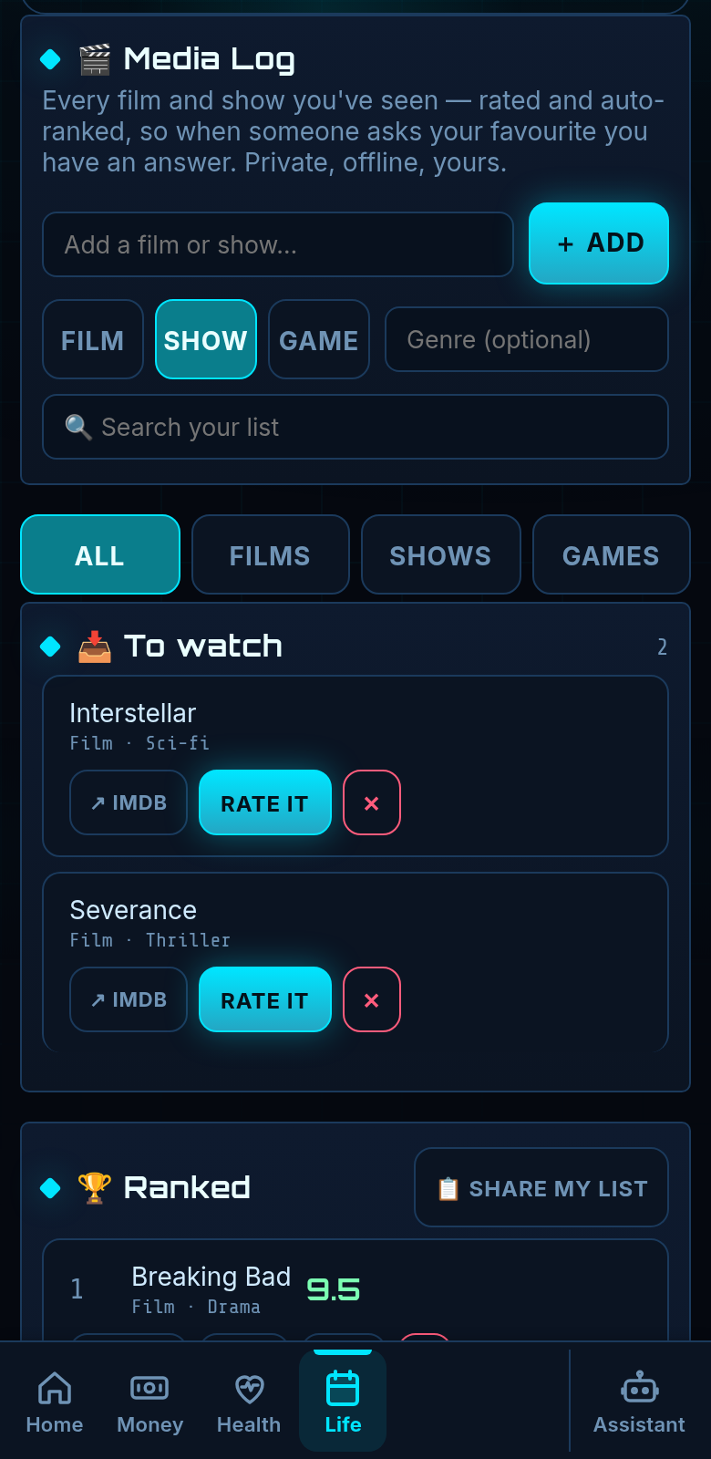 The MRLN Media Log tab: a watch list and a ranked list of rated films and shows.