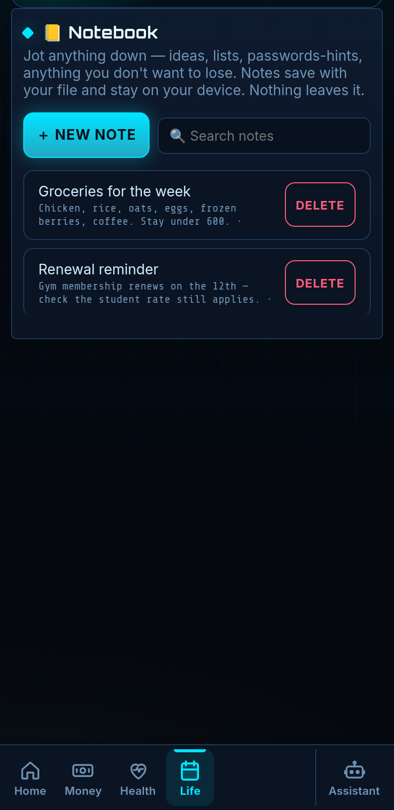 The MRLN Notebook tab: saved notes with a search field.