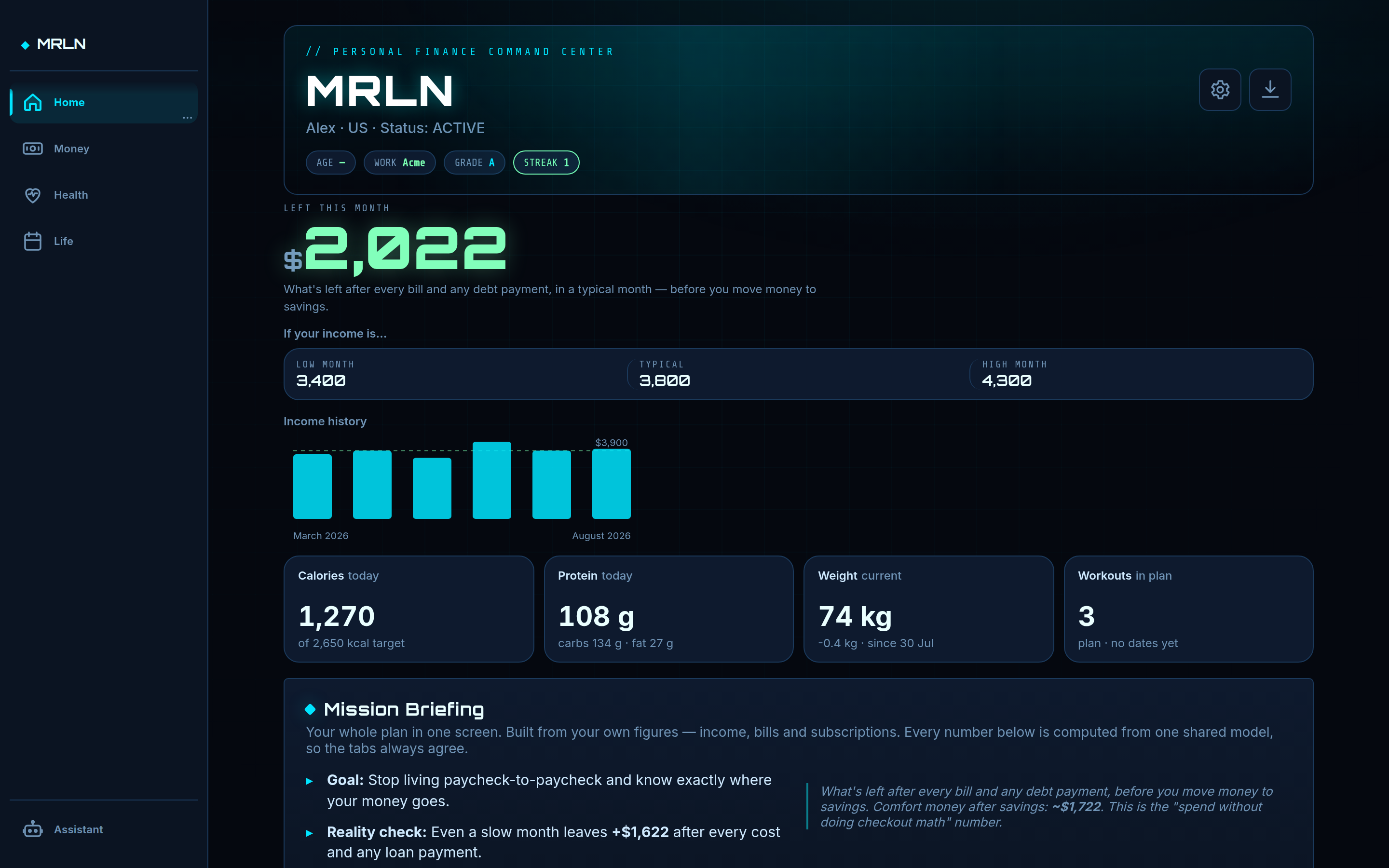 The MRLN Overview screen: one dashboard showing budget, income, savings and health at a glance.